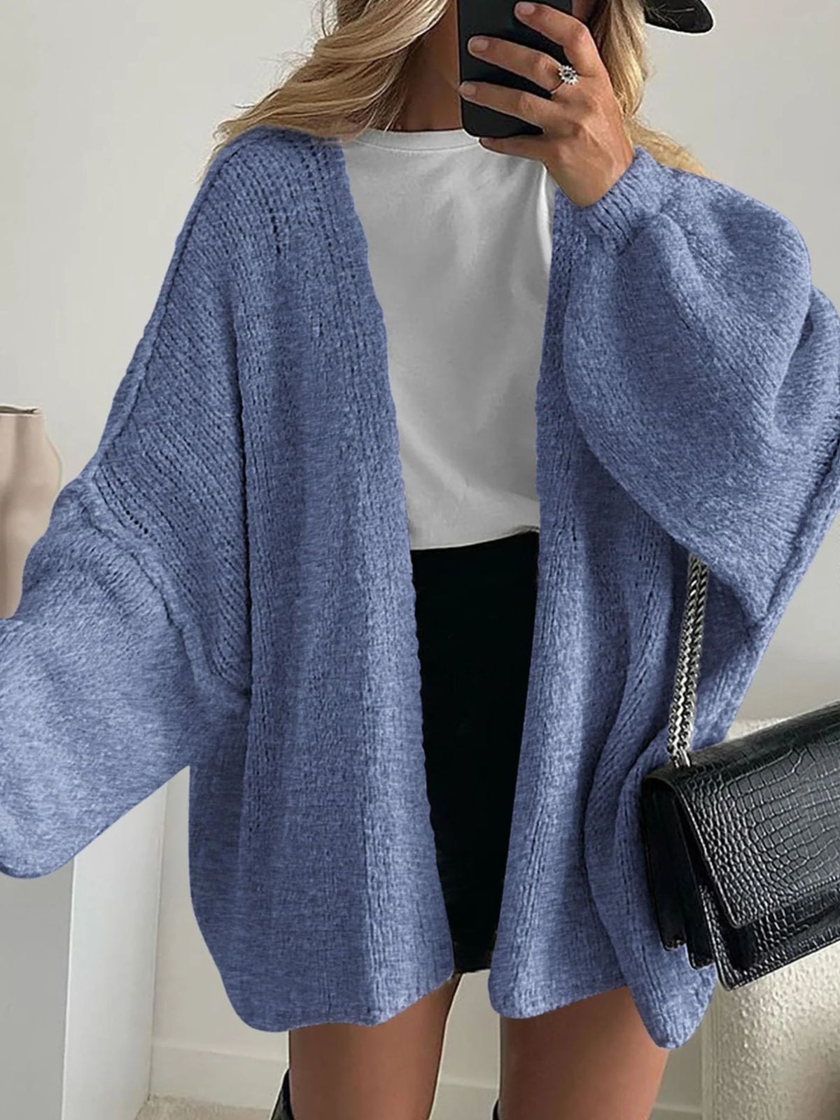 Solid Oversized Camel Outwear Fall Long Lantern Sleeve Knit Cardigan