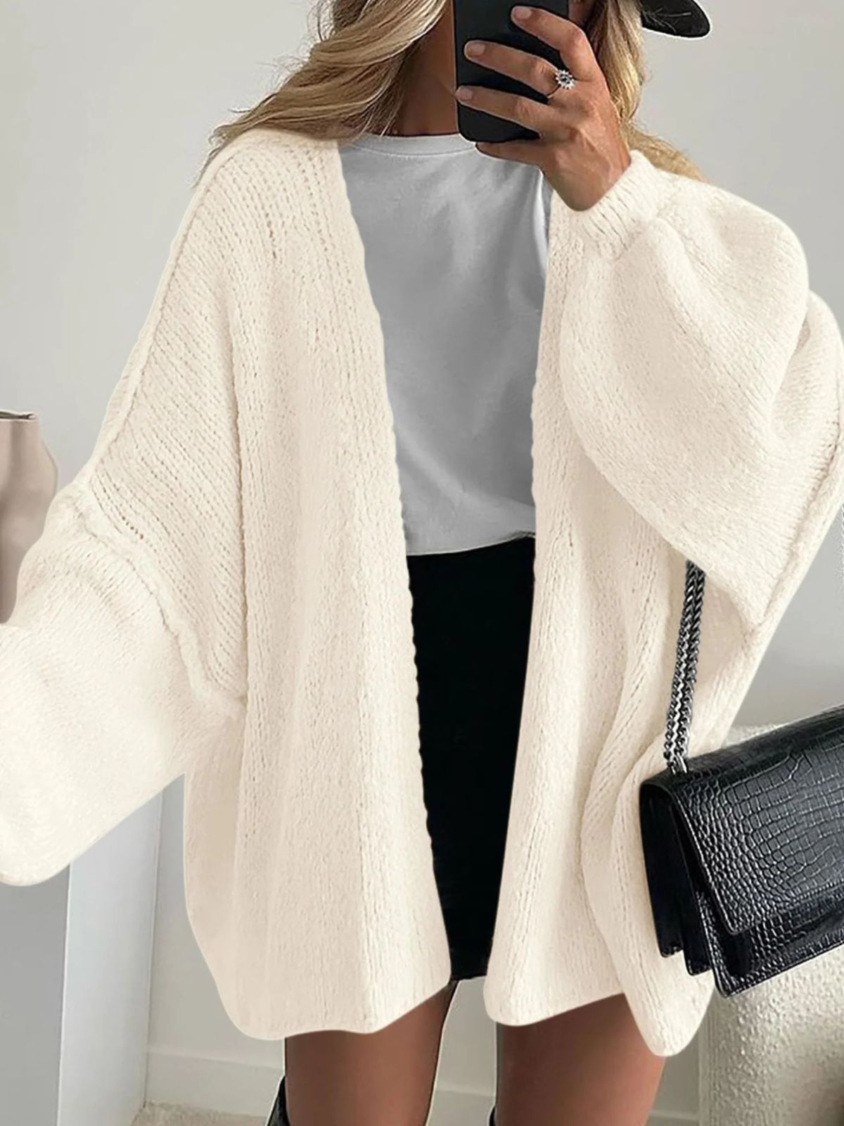 Solid Oversized Camel Outwear Fall Long Lantern Sleeve Knit Cardigan