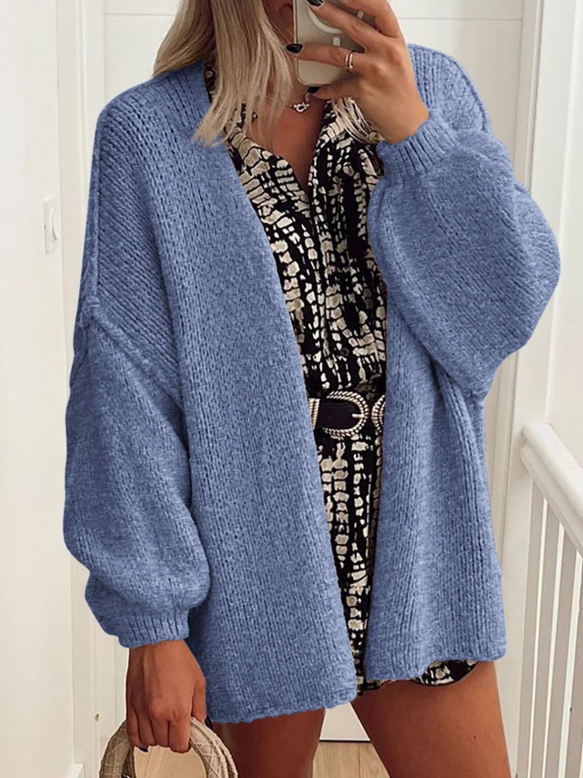 Solid Oversized Camel Outwear Fall Long Lantern Sleeve Knit Cardigan