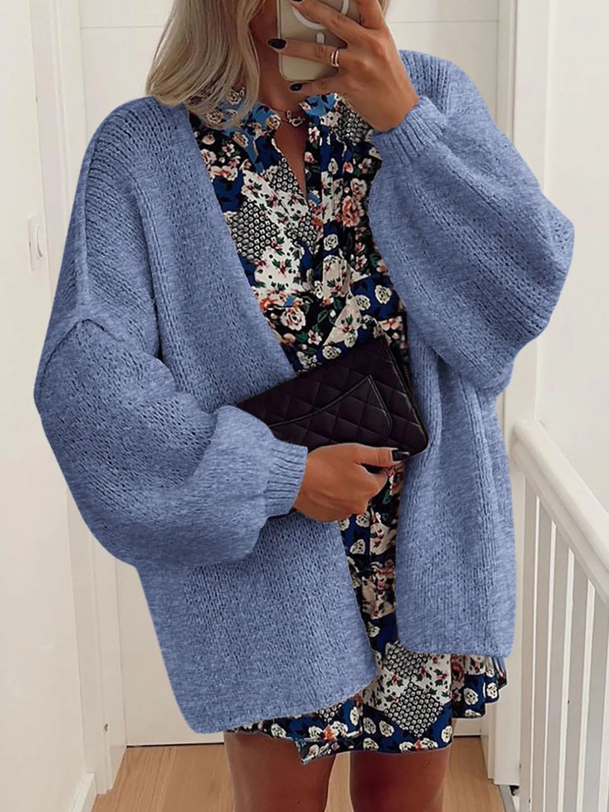 Solid Oversized Camel Outwear Fall Long Lantern Sleeve Knit Cardigan