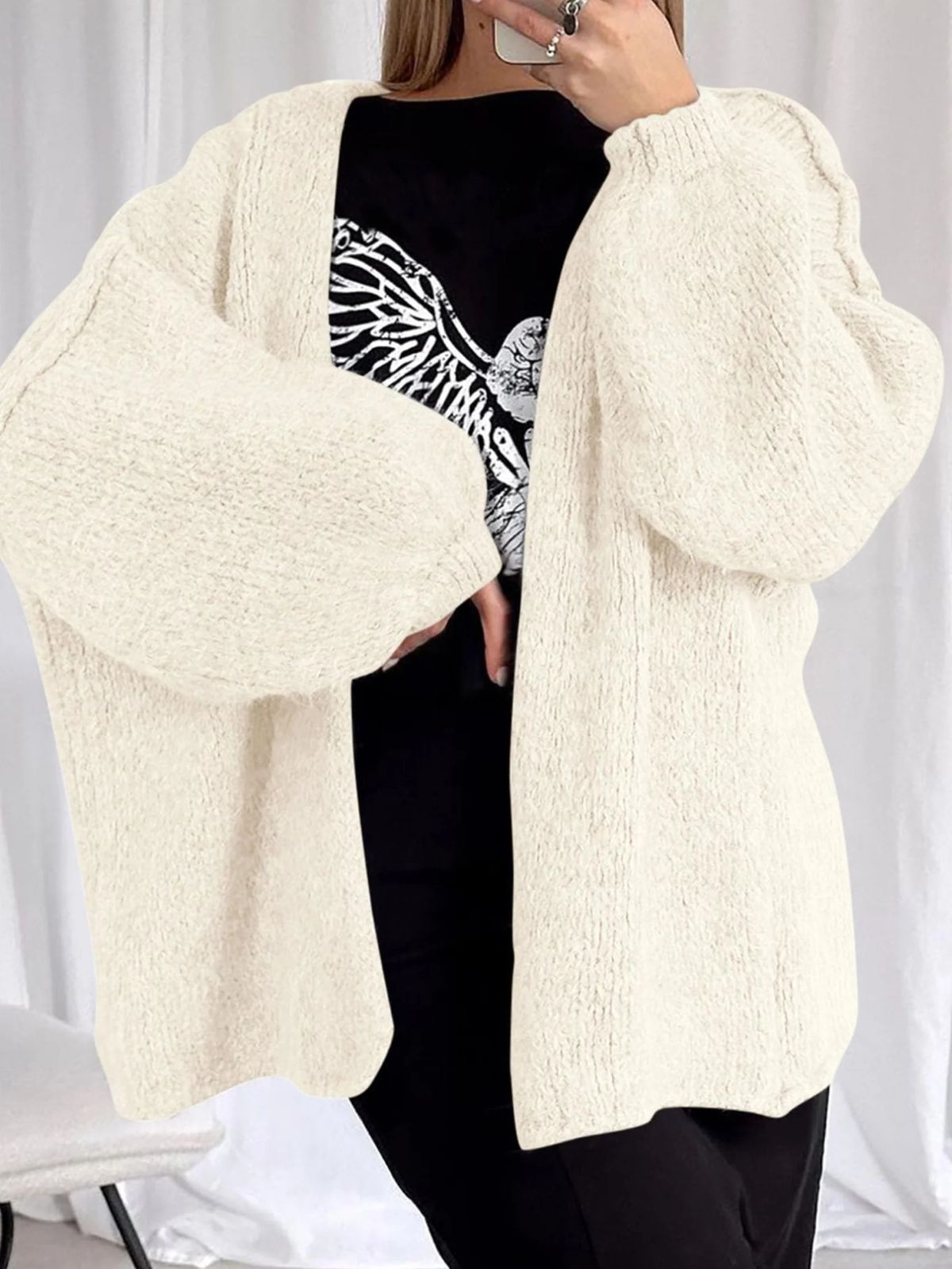 Solid Oversized Camel Outwear Fall Long Lantern Sleeve Knit Cardigan