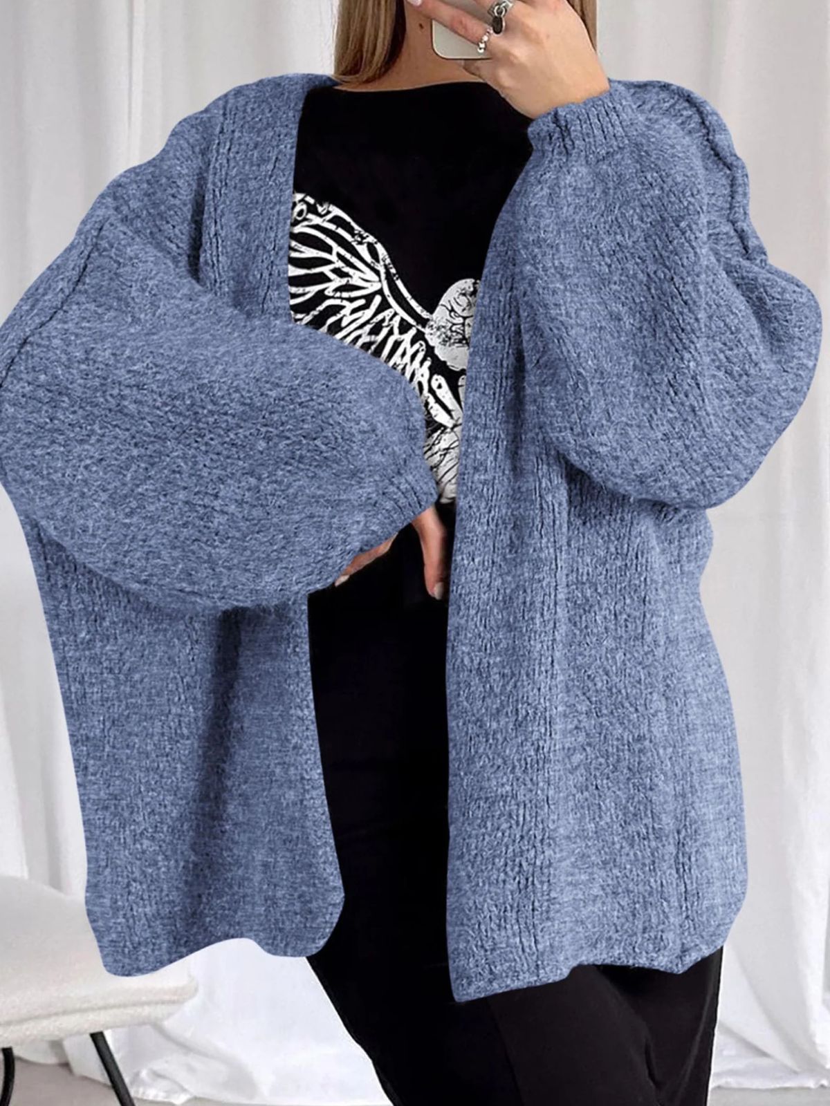 Solid Oversized Camel Outwear Fall Long Lantern Sleeve Knit Cardigan