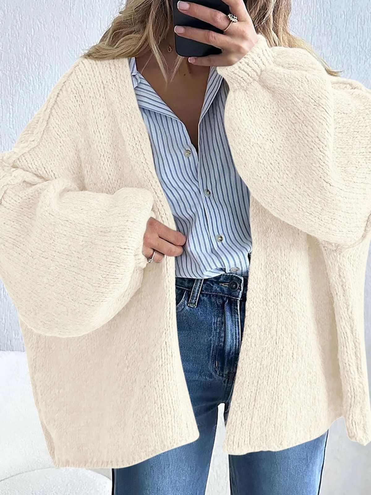 Solid Oversized Camel Outwear Fall Long Lantern Sleeve Knit Cardigan