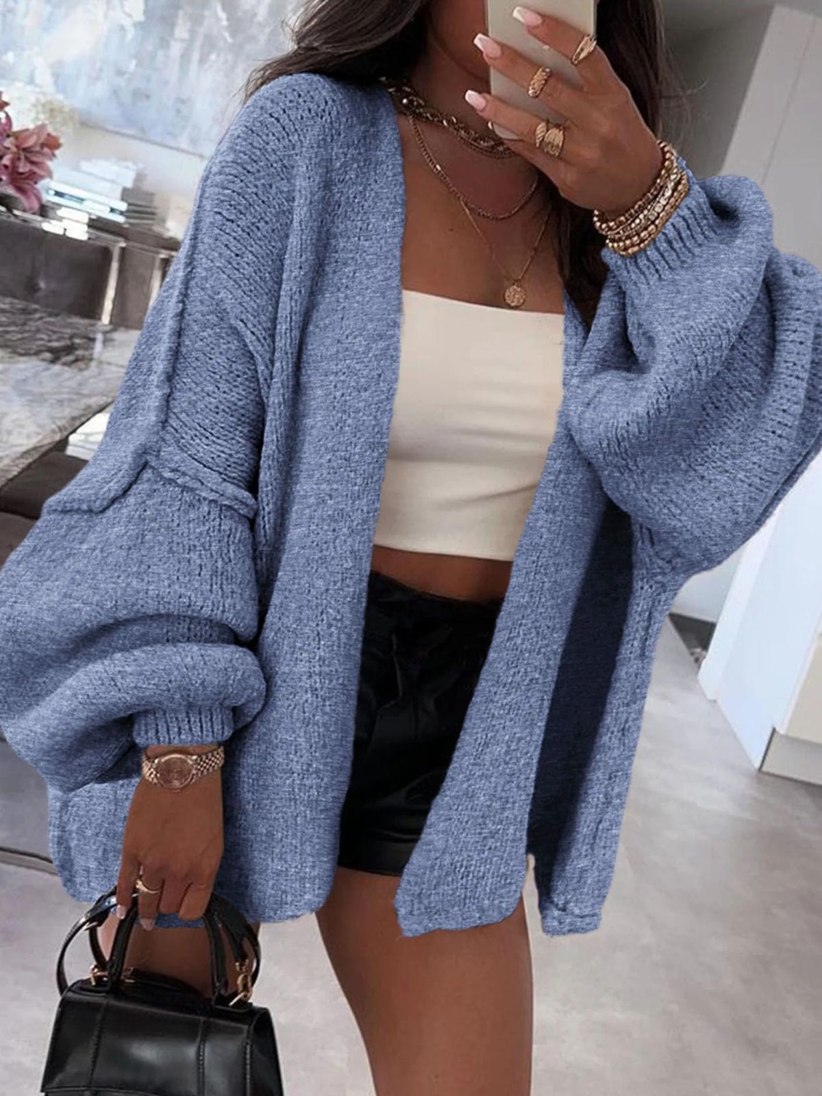 Solid Oversized Camel Outwear Fall Long Lantern Sleeve Knit Cardigan