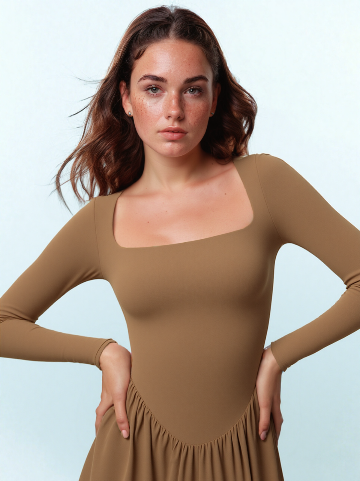Fashion 2025 Square Neck Long Sleeve Casual A-Line Midi Dress
