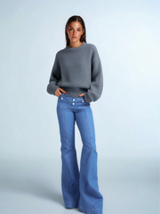 Casual Basic Plain Button Pocket High Rise Stretchy Flare Leg Denim Jeans