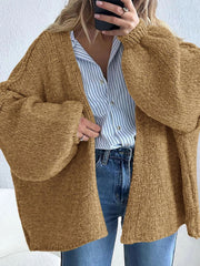 Solid Oversized Camel Outwear Fall Long Lantern Sleeve Knit Cardigan