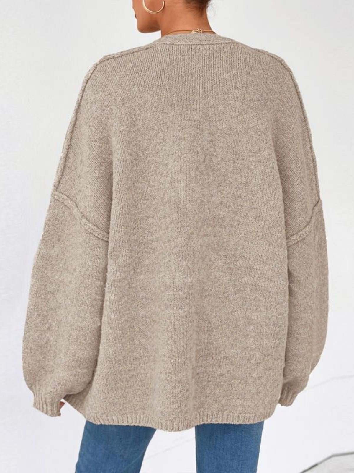Solid Oversized Camel Outwear Fall Long Lantern Sleeve Knit Cardigan