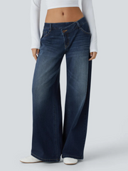 Washed Denim Asymmetric Low Rise Zipper Pockets Baggy Wide Leg Washed Casual Jeans