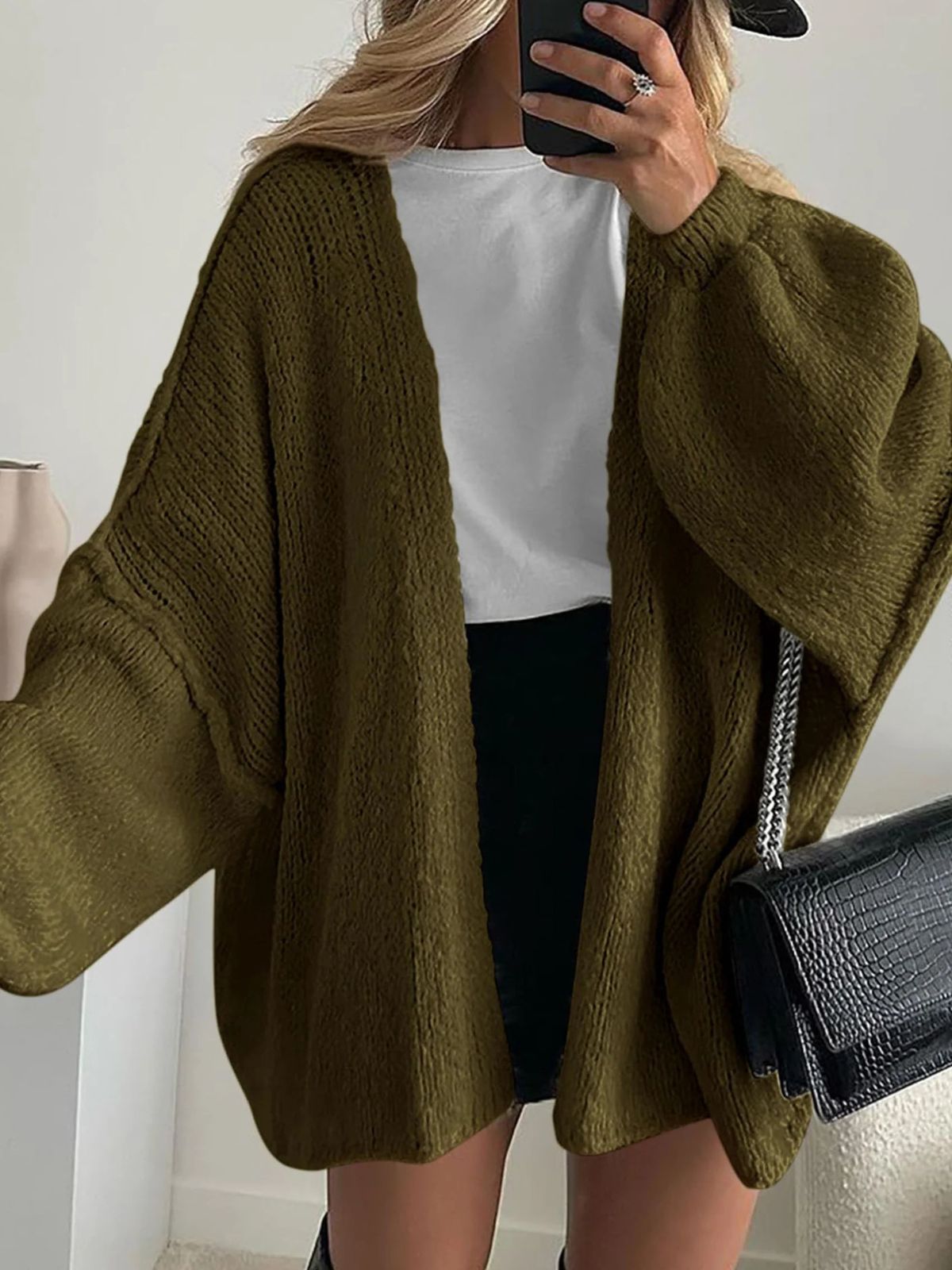 Solid Oversized Camel Outwear Fall Long Lantern Sleeve Knit Cardigan