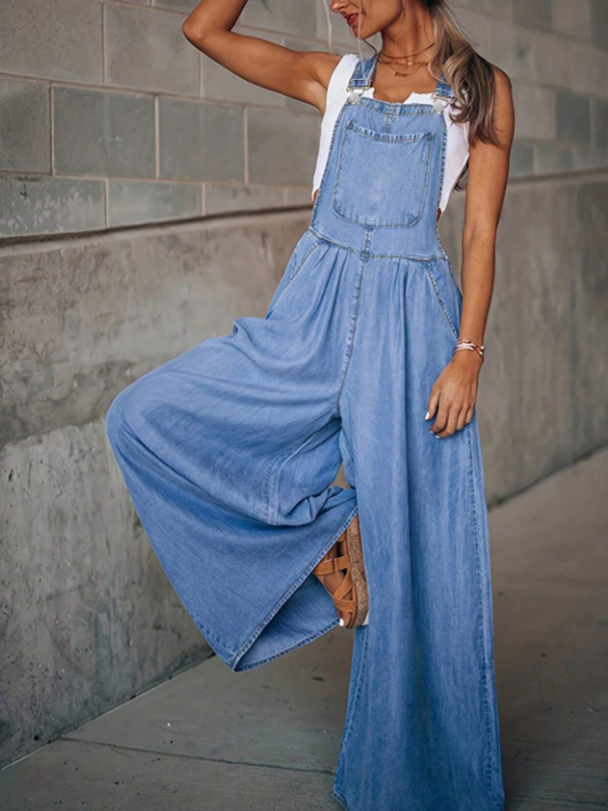 Vintage Square Neck Denim Wide Leg Pocket Jumpsuit