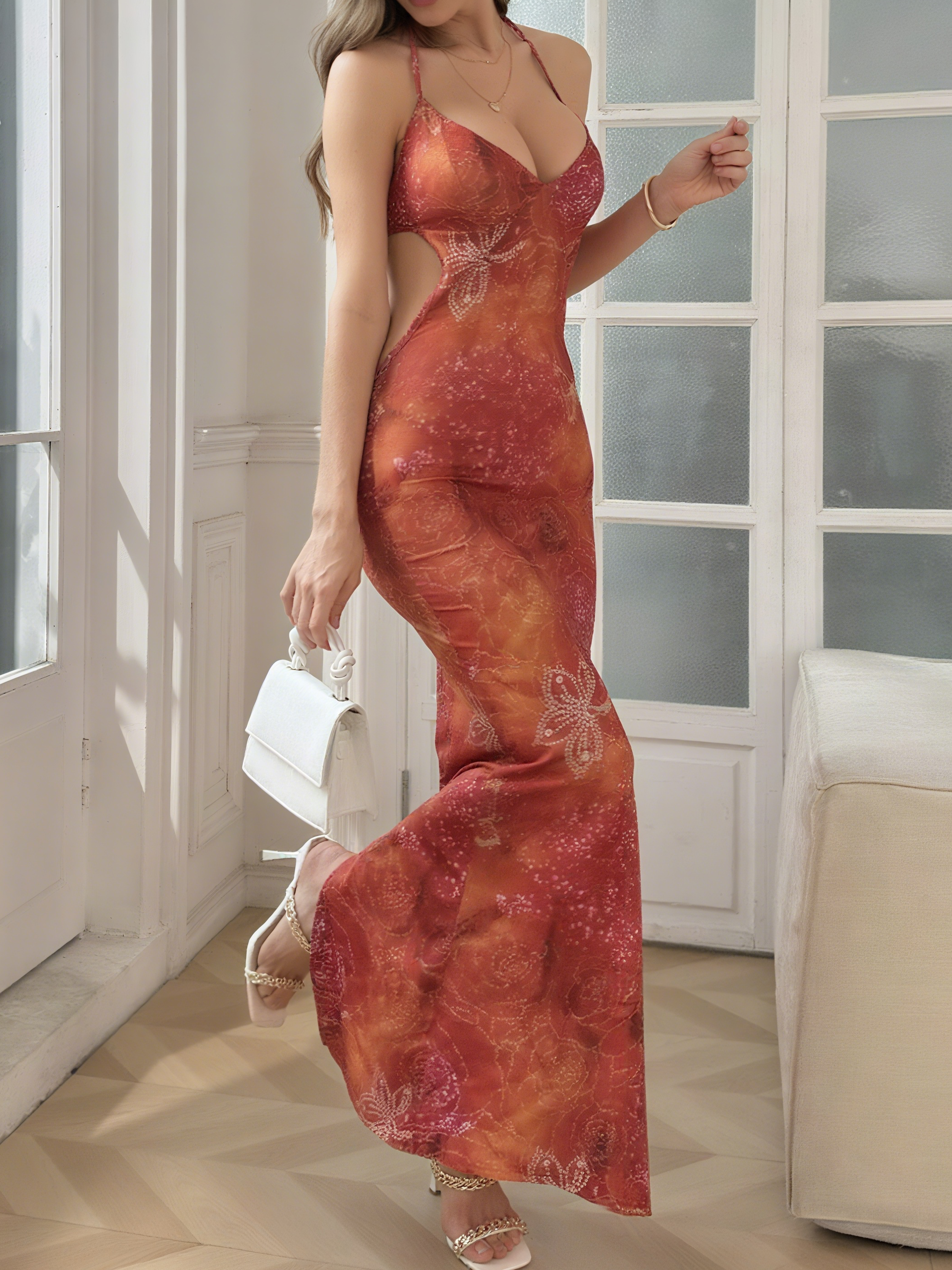Floral Sexy Vacation Lace-up Halter Cut-out waist Bodycon Long Dress