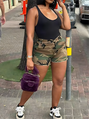 Camo Print High Waist Lady Casual Comfy Workout Camouflage Button Front Skinny Shorts