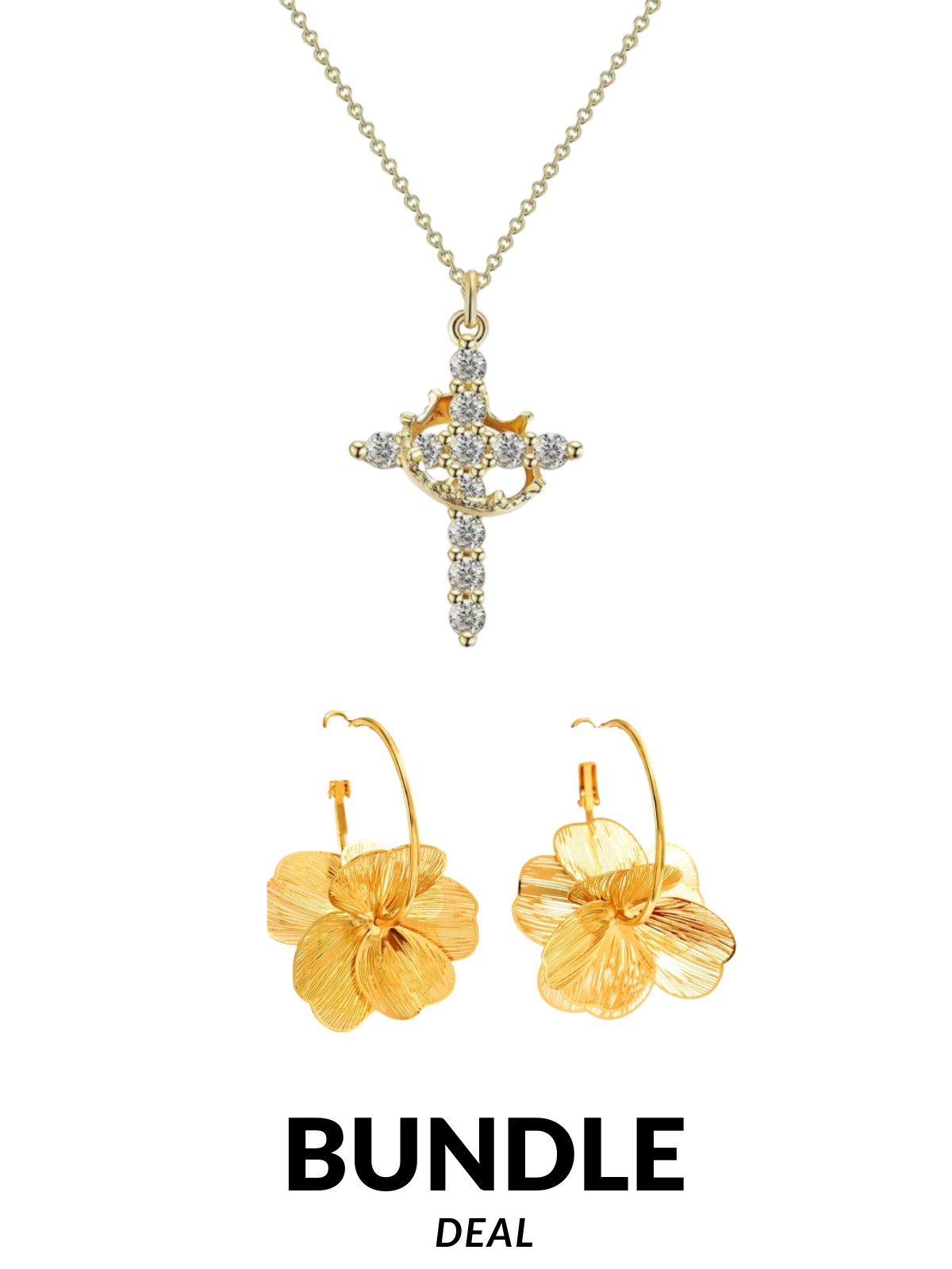 2-Piece Fashion Jewelry set: Double Layer Hollow Flower Earrings + Crown Cross Pendant Necklace Set