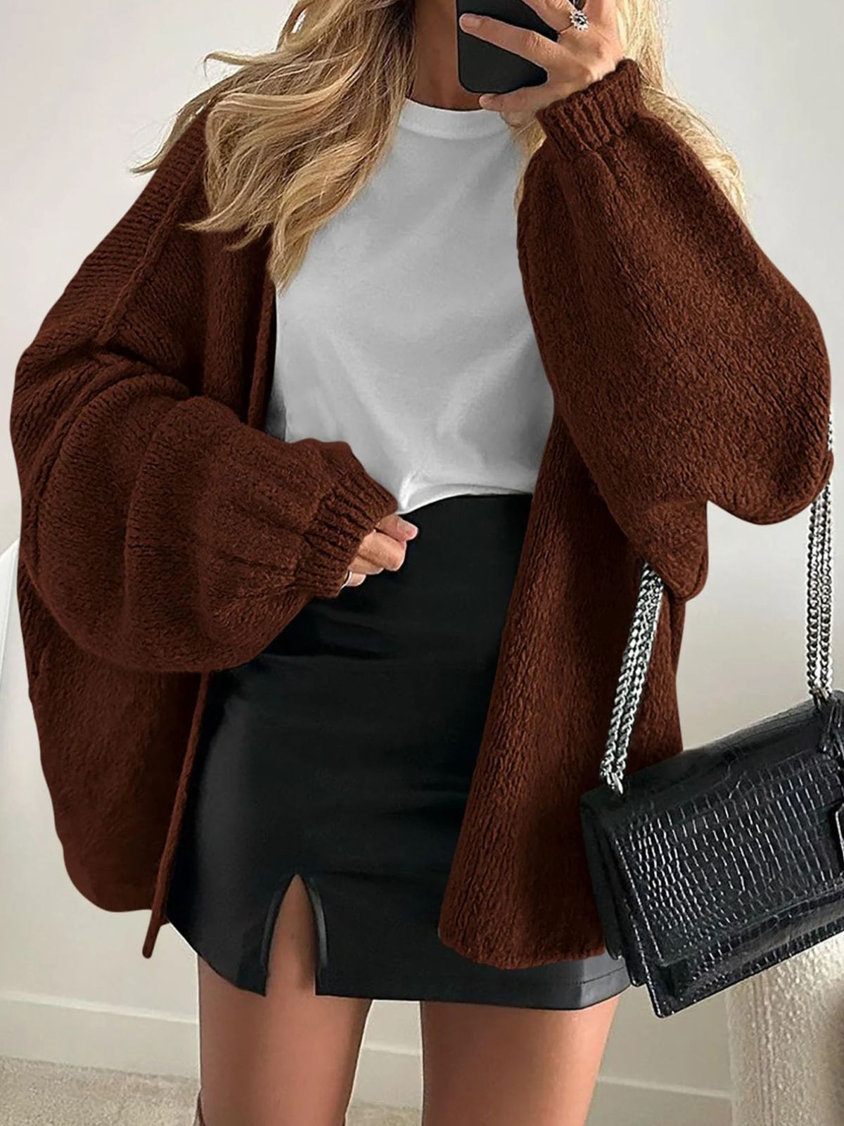 Solid Oversized Camel Outwear Fall Long Lantern Sleeve Knit Cardigan