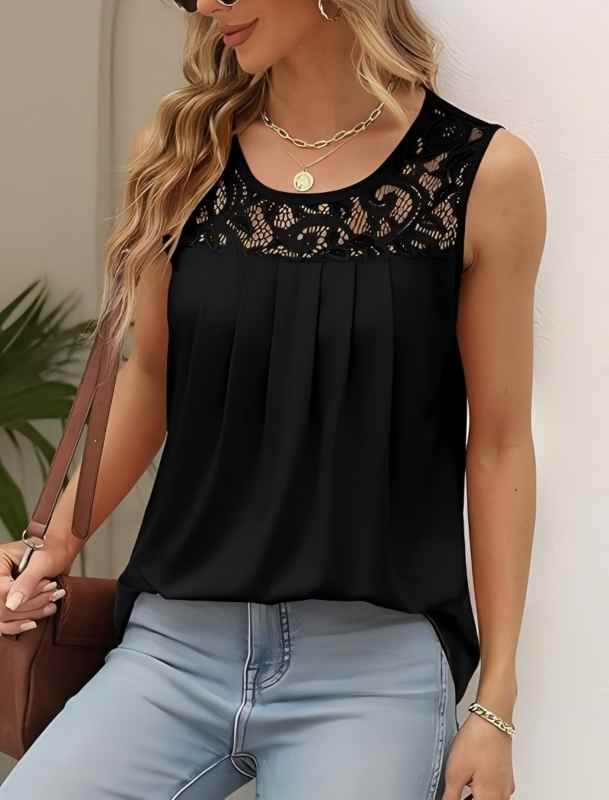 Solid Lace Hollow Round Neck  Loose Fit Pleated Tank