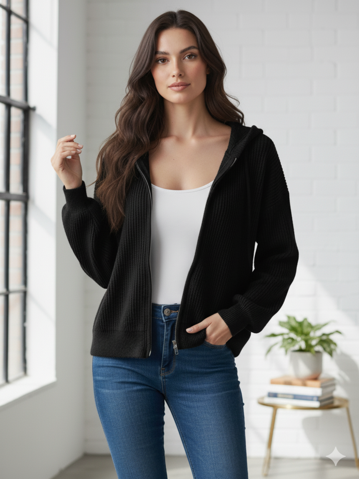 Solid Rib-knit Casual Knit Hooded Drop Shoulder Sweater Versatile Outerwear & Layering