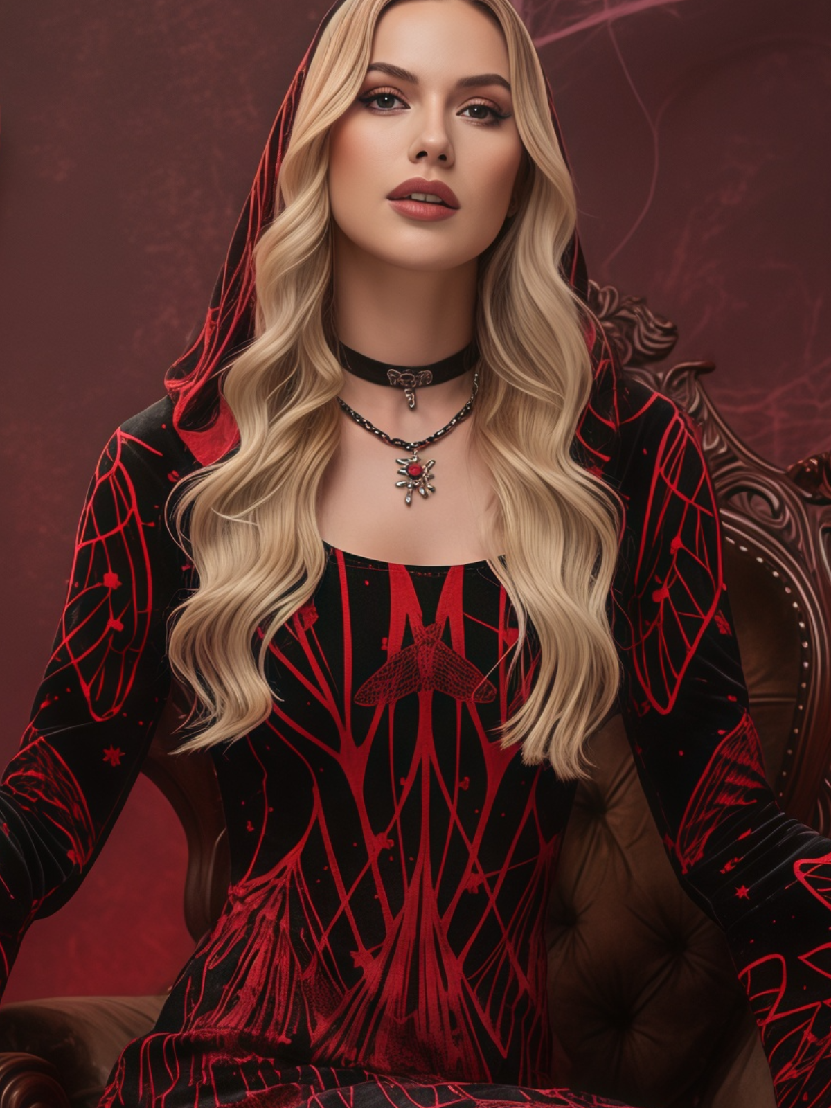 Gingham Insect Moth Halloween Dark Style Plaid Hooded Flare Sleeve A-line Dress