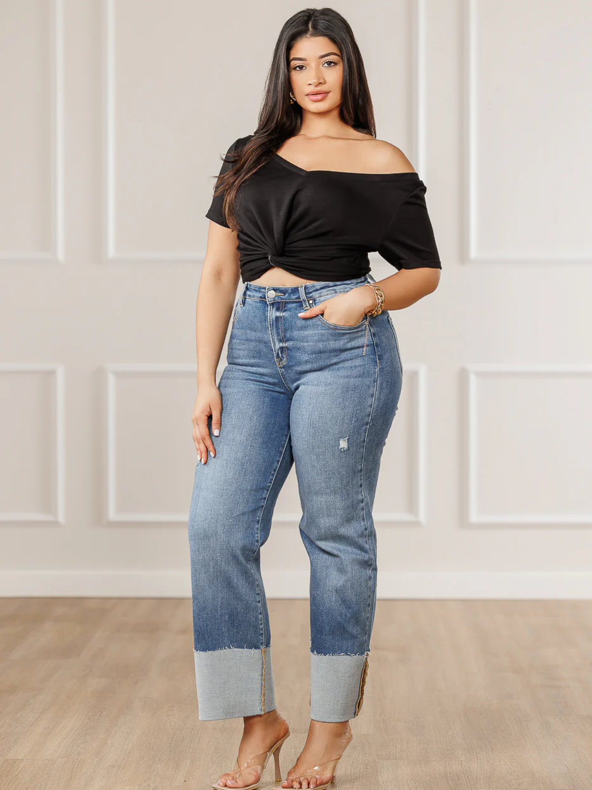 Strechy Streetwear Pocket Medium Rise Fly Denim Straight Leg Pants
