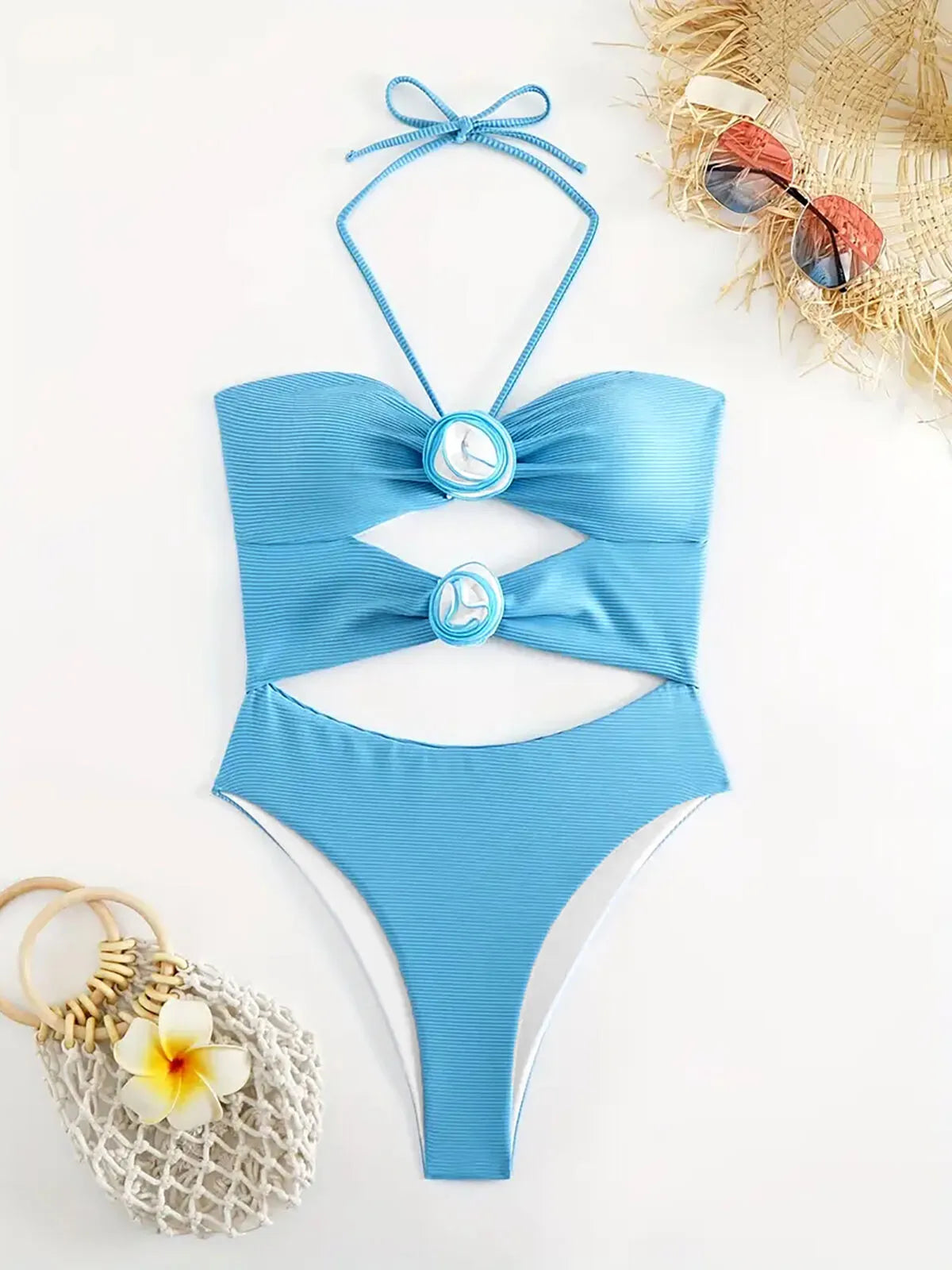 3D Floral Appliques Halter One-piece 