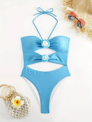 3D Floral Appliques Halter One-piece 