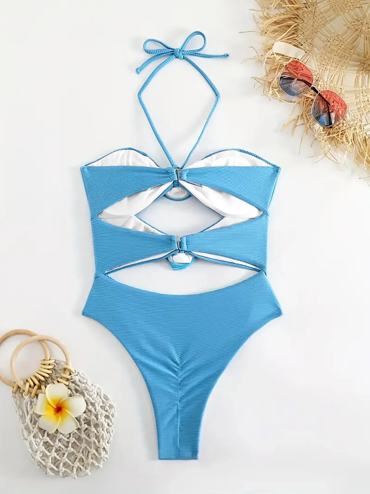 3D Floral Appliques Halter One-piece 