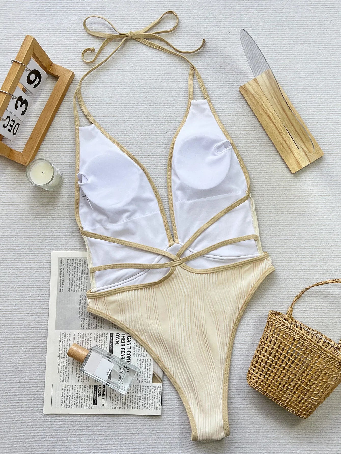 3D Flowers Knot Low Rise Halter Fabric One-piece