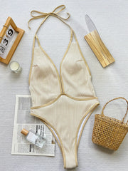 3D Flowers Knot Low Rise Halter Fabric One-piece