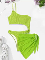 3D Metal Button Low Rise One Shoulder One-piece with Cover-up