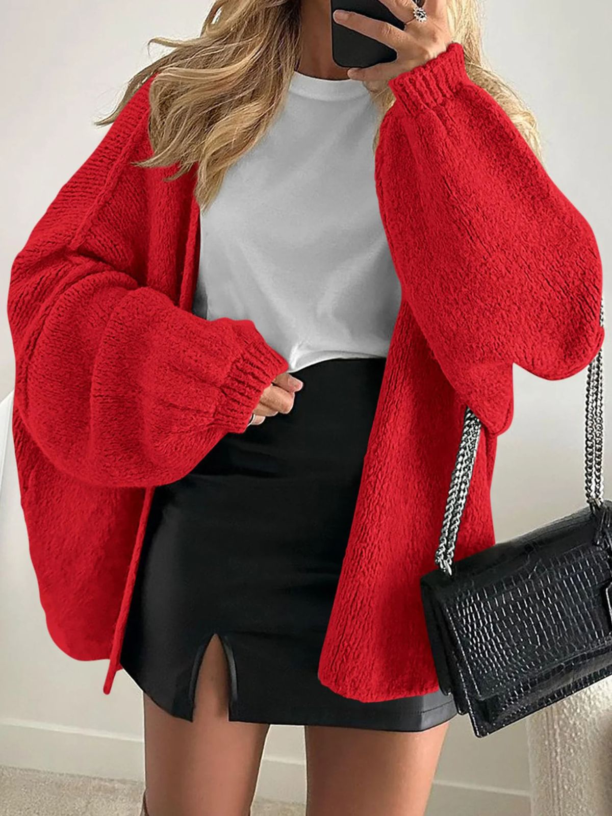 Solid Oversized Camel Outwear Fall Long Lantern Sleeve Knit Cardigan
