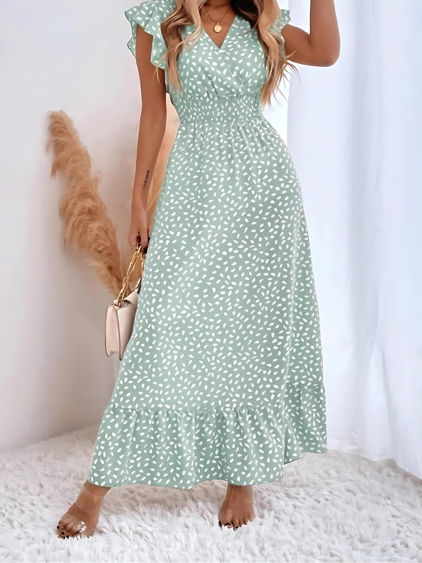 Ditsy Floral All Over Print Boho Ruffles Cap Sleeve V-neck Flounce Sleeve A-line Dress