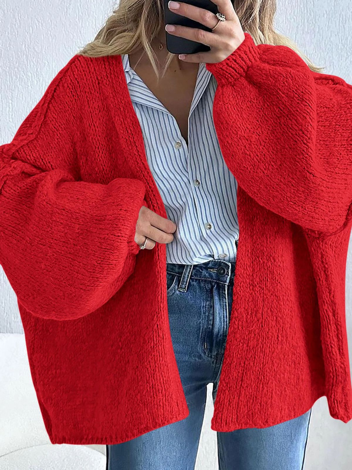 Solid Oversized Camel Outwear Fall Long Lantern Sleeve Knit Cardigan