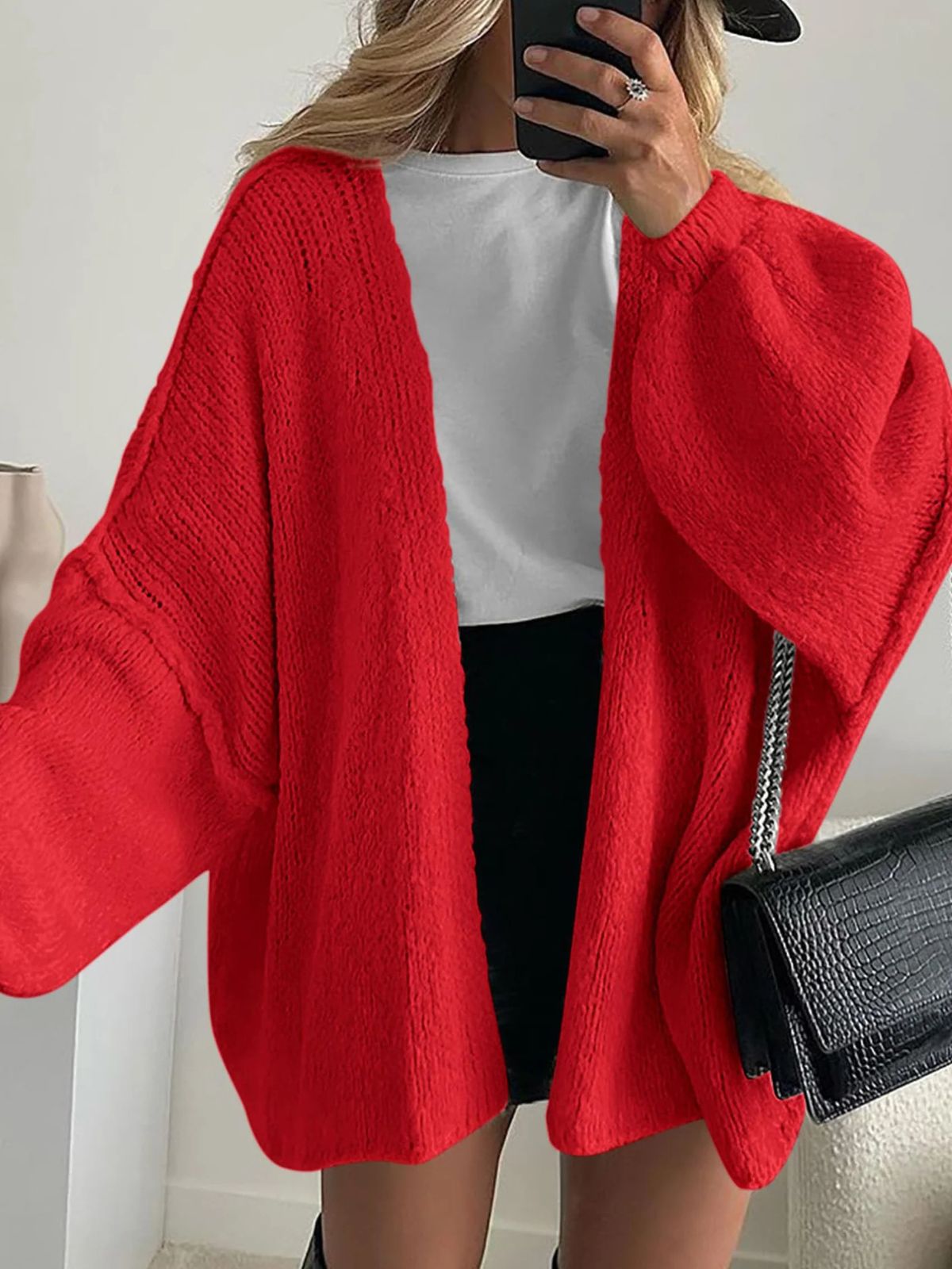 Solid Oversized Camel Outwear Fall Long Lantern Sleeve Knit Cardigan