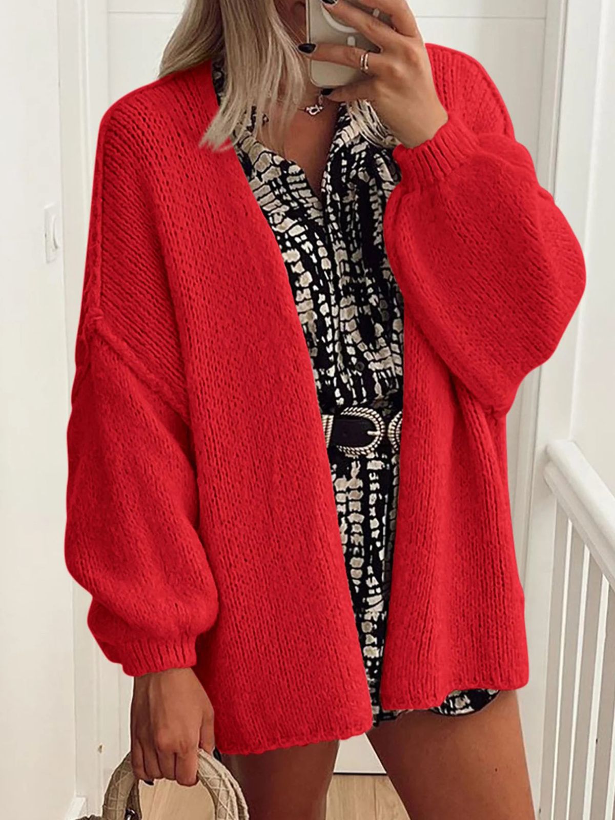 Solid Oversized Camel Outwear Fall Long Lantern Sleeve Knit Cardigan