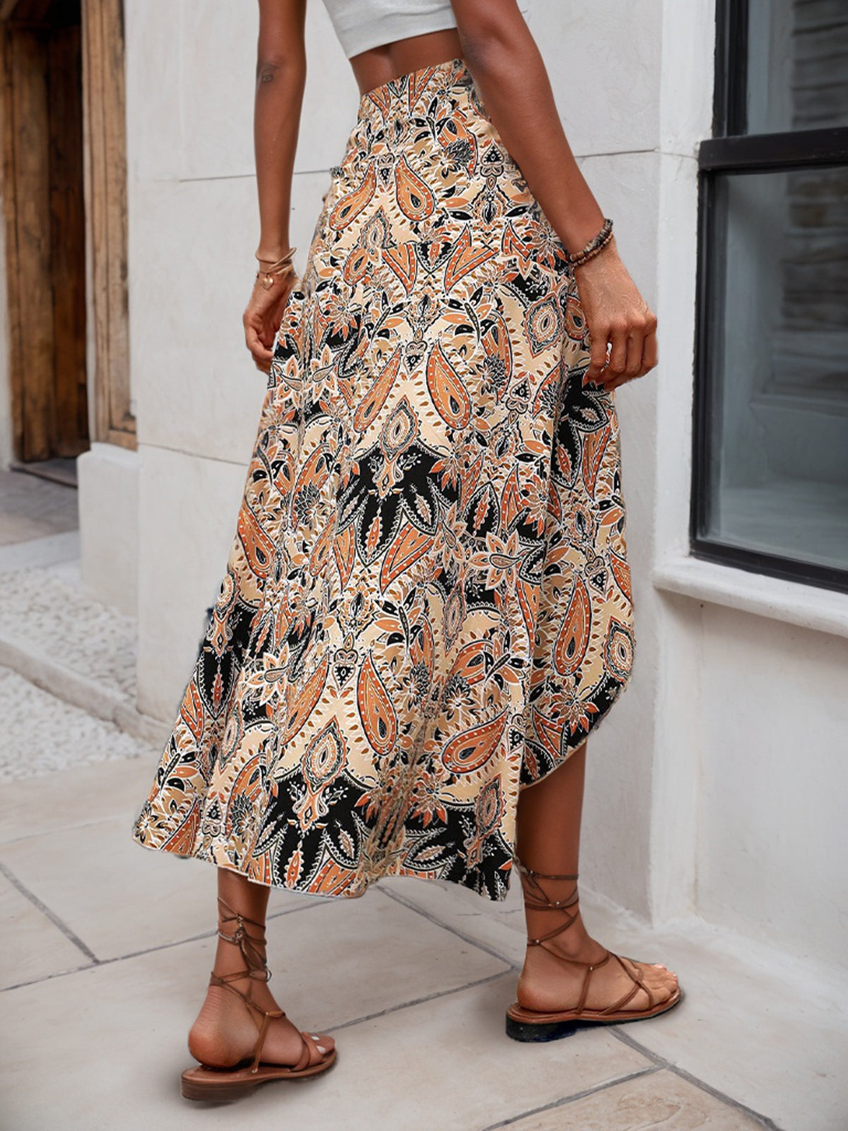 Paisley Ruffles Medium Rise Elastic Waist Skirt