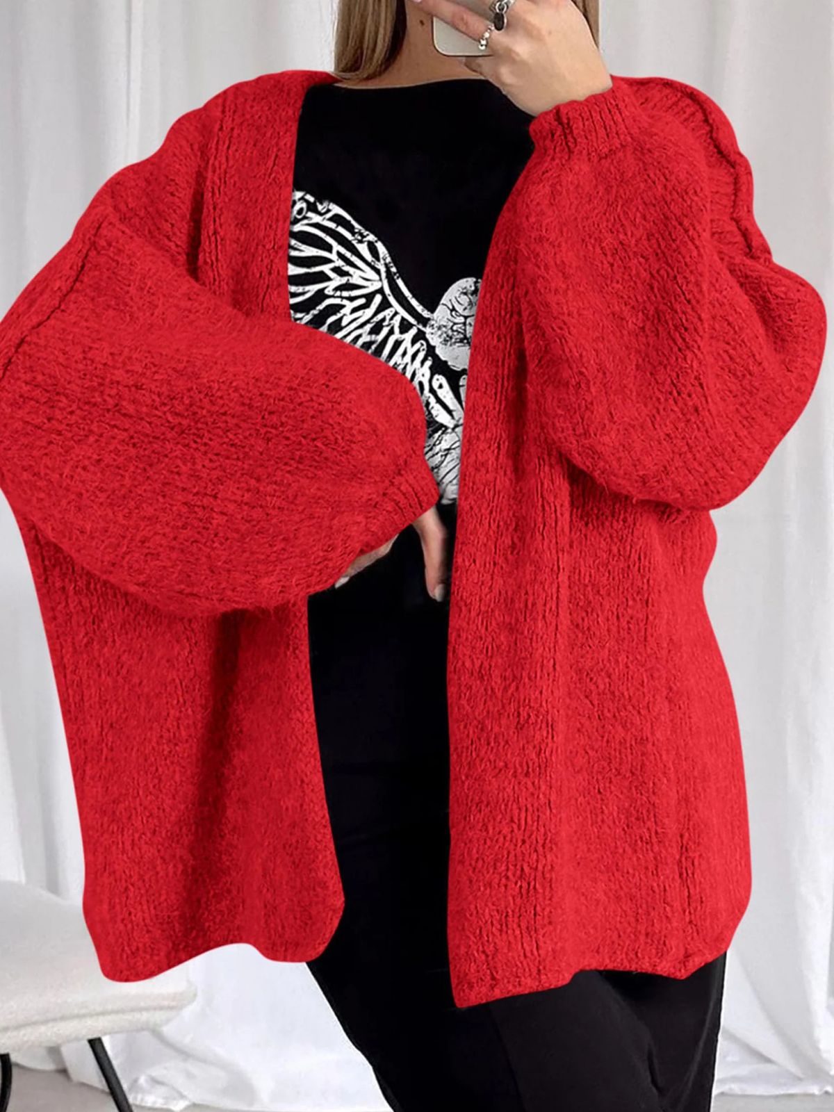 Solid Oversized Camel Outwear Fall Long Lantern Sleeve Knit Cardigan