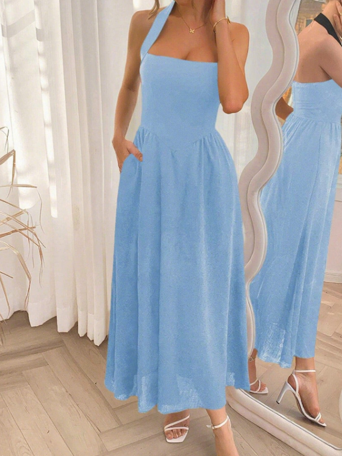 Solid Elegant Vacation Date Halter A-line Dress