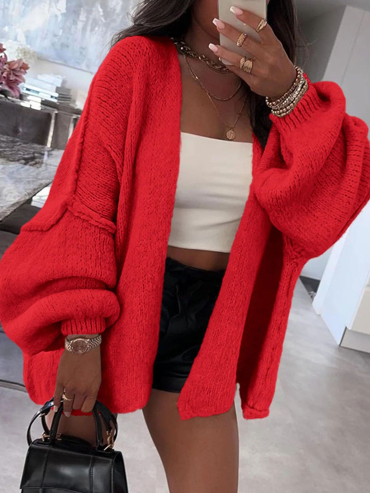 Solid Oversized Camel Outwear Fall Long Lantern Sleeve Knit Cardigan