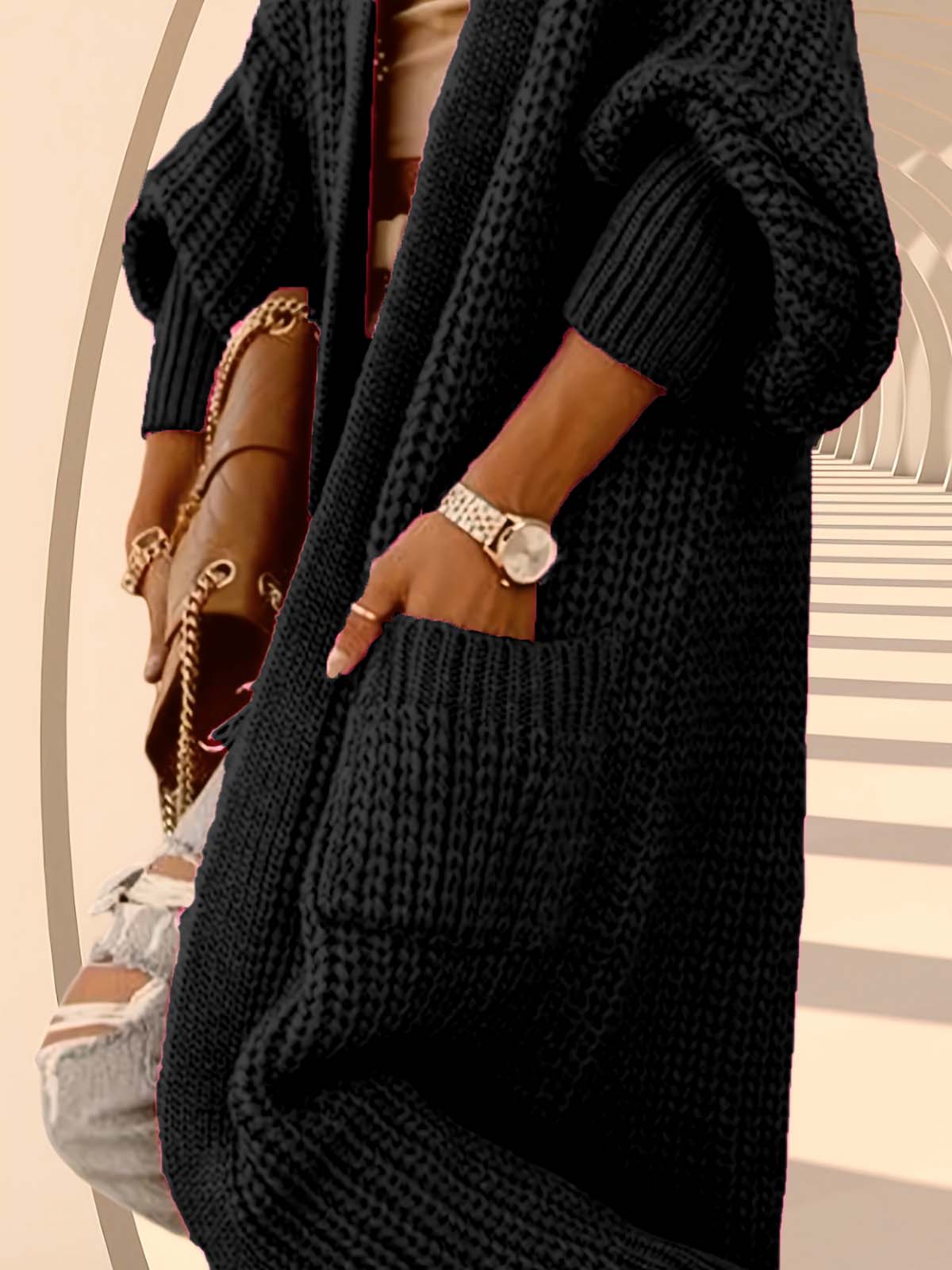 Solid Pocket V-neck Drop Shoulder Casual Basic Pocket Cardigan Ladies Knitwear for Spring & Fall Daily