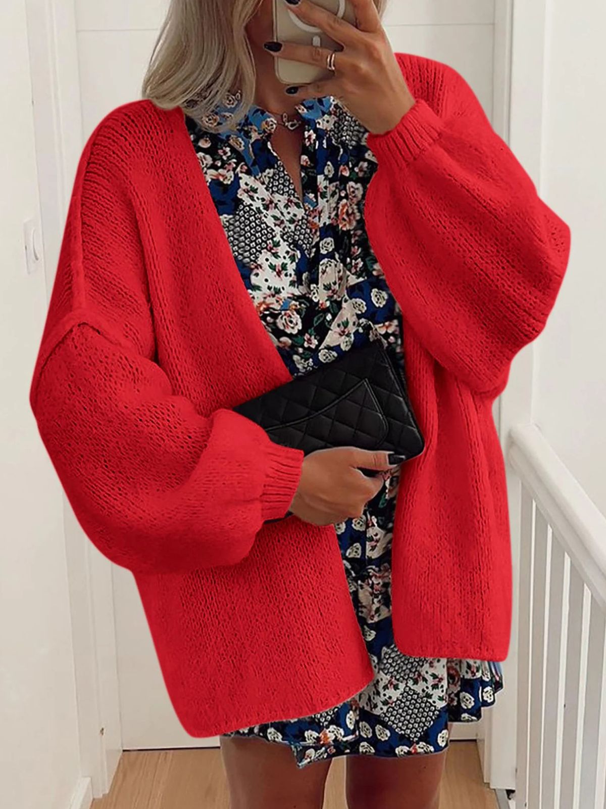 Solid Oversized Camel Outwear Fall Long Lantern Sleeve Knit Cardigan