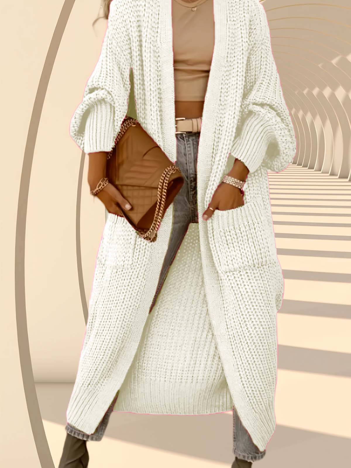 Solid Pocket V-neck Drop Shoulder Casual Basic Pocket Cardigan Ladies Knitwear for Spring & Fall Daily