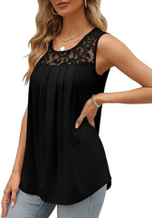 Solid Lace Hollow Round Neck  Loose Fit Pleated Tank