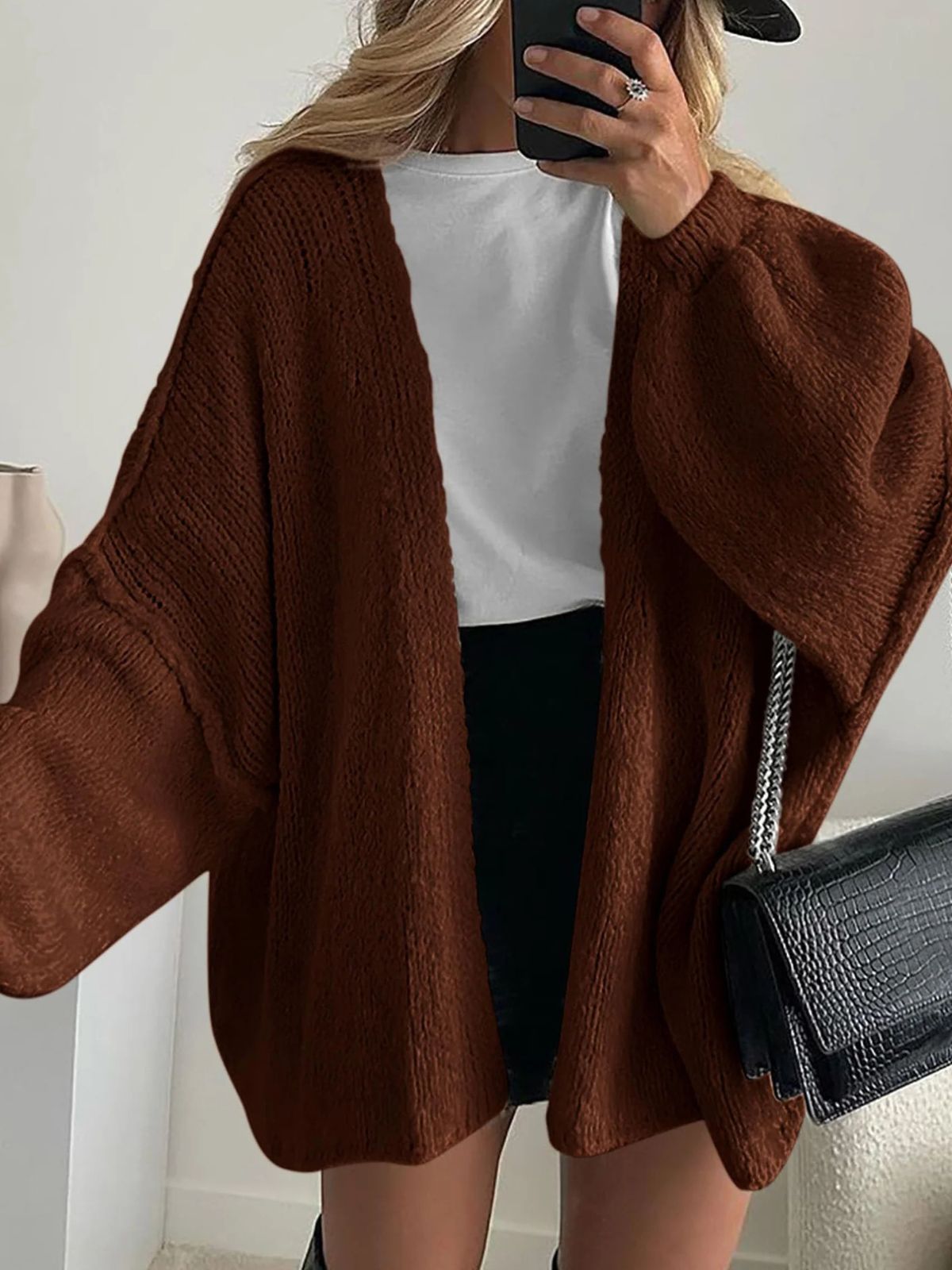 Solid Oversized Camel Outwear Fall Long Lantern Sleeve Knit Cardigan