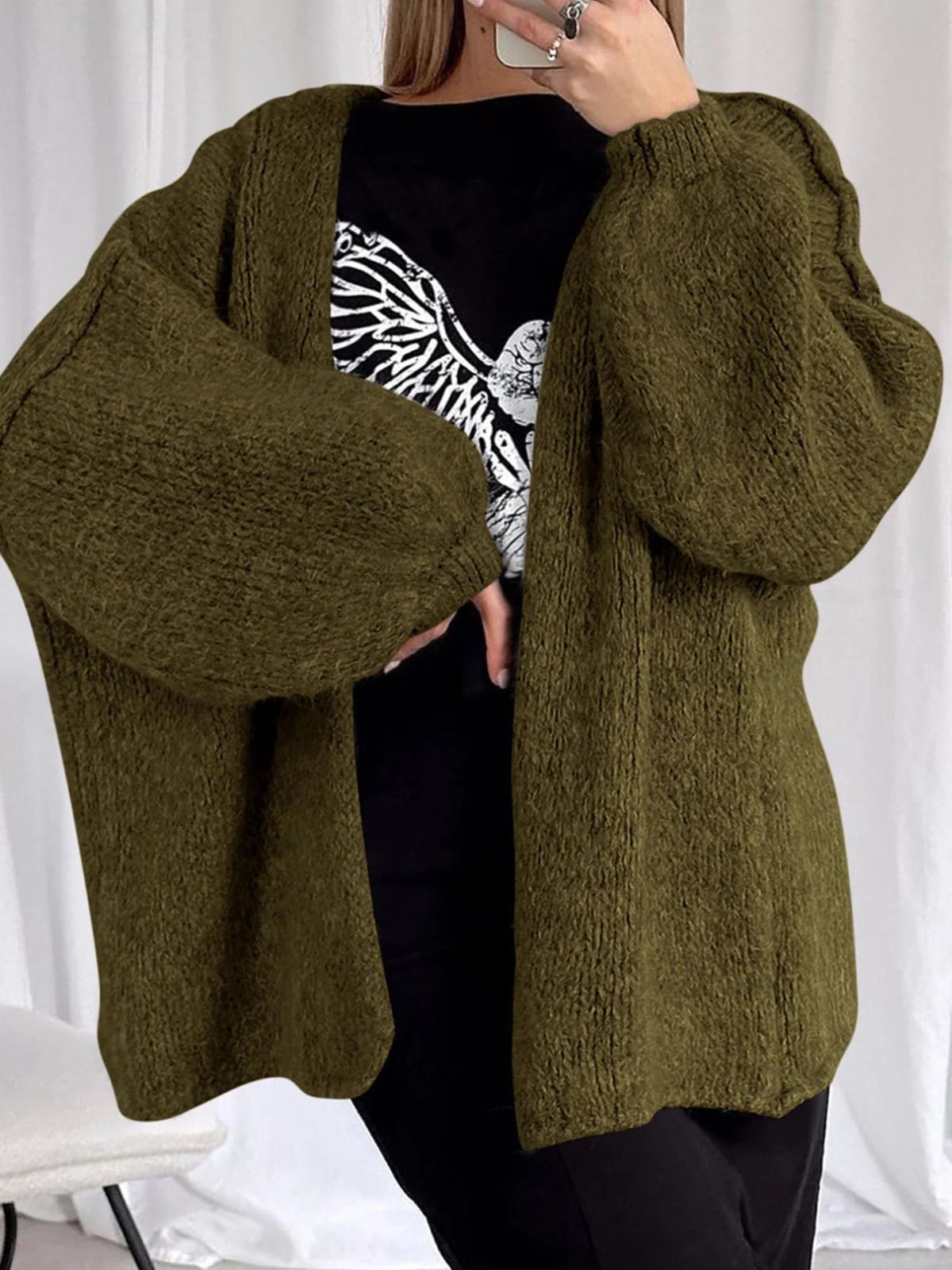 Solid Oversized Camel Outwear Fall Long Lantern Sleeve Knit Cardigan