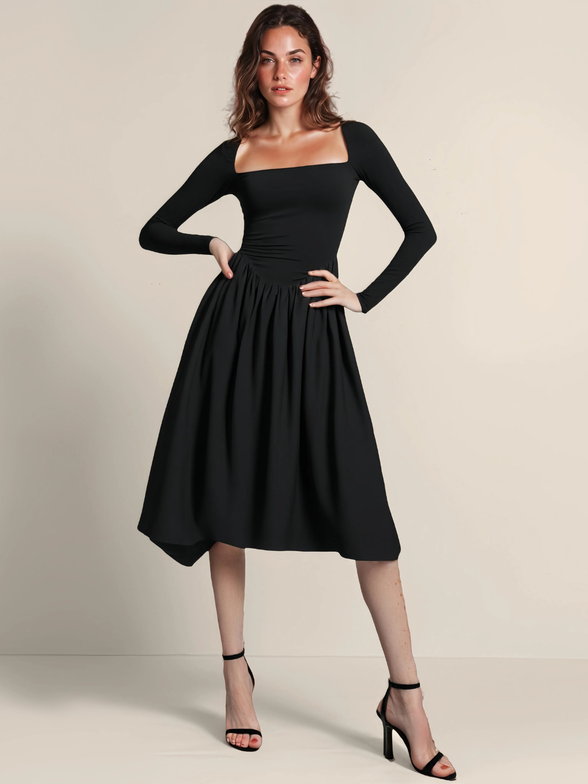 Fashion 2025 Square Neck Long Sleeve Casual A-Line Midi Dress