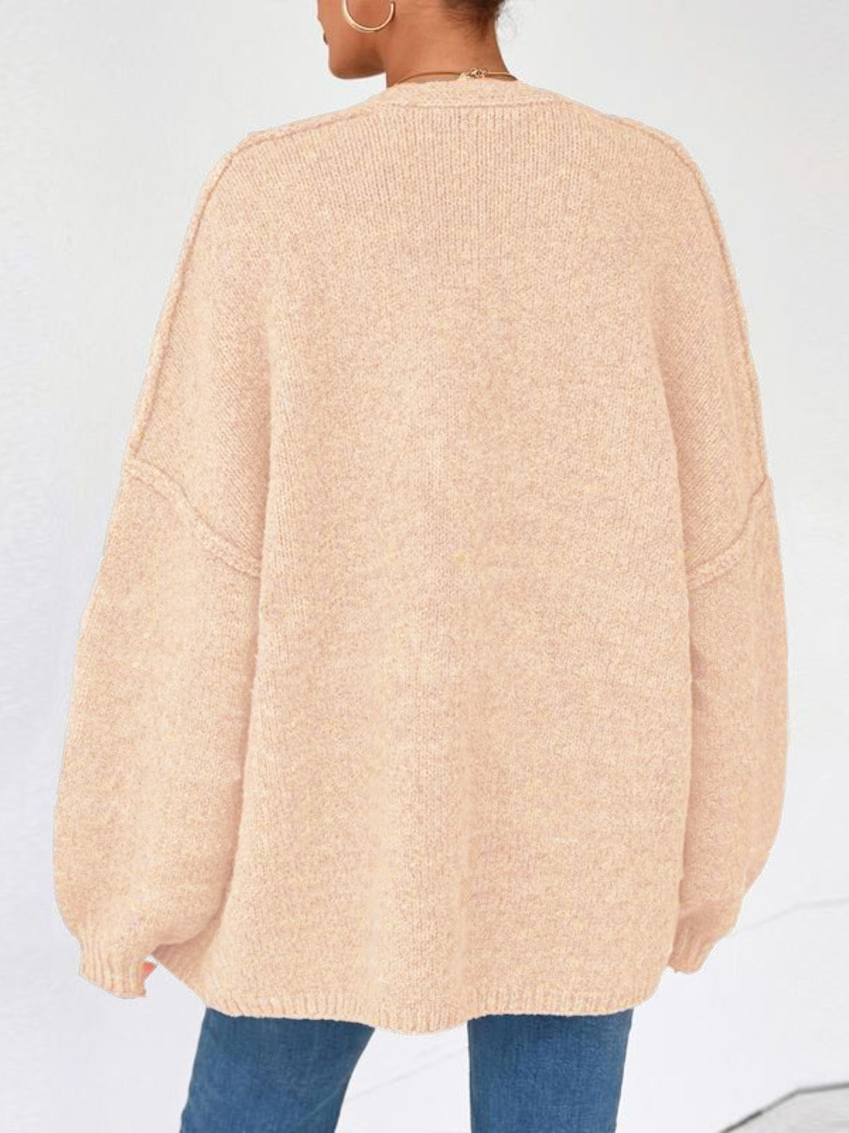 Solid Oversized Camel Outwear Fall Long Lantern Sleeve Knit Cardigan