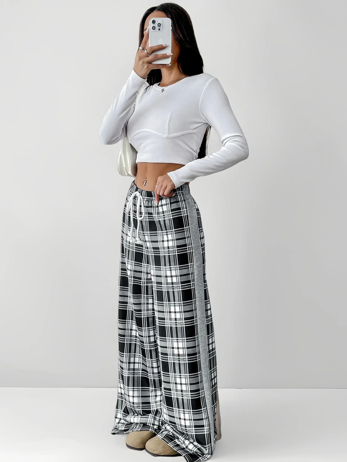 Casual black White Grid Pattern Splicing Loose Fit Palazzo Pants