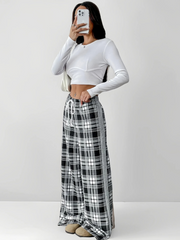 Casual black White Grid Pattern Splicing Loose Fit Palazzo Pants