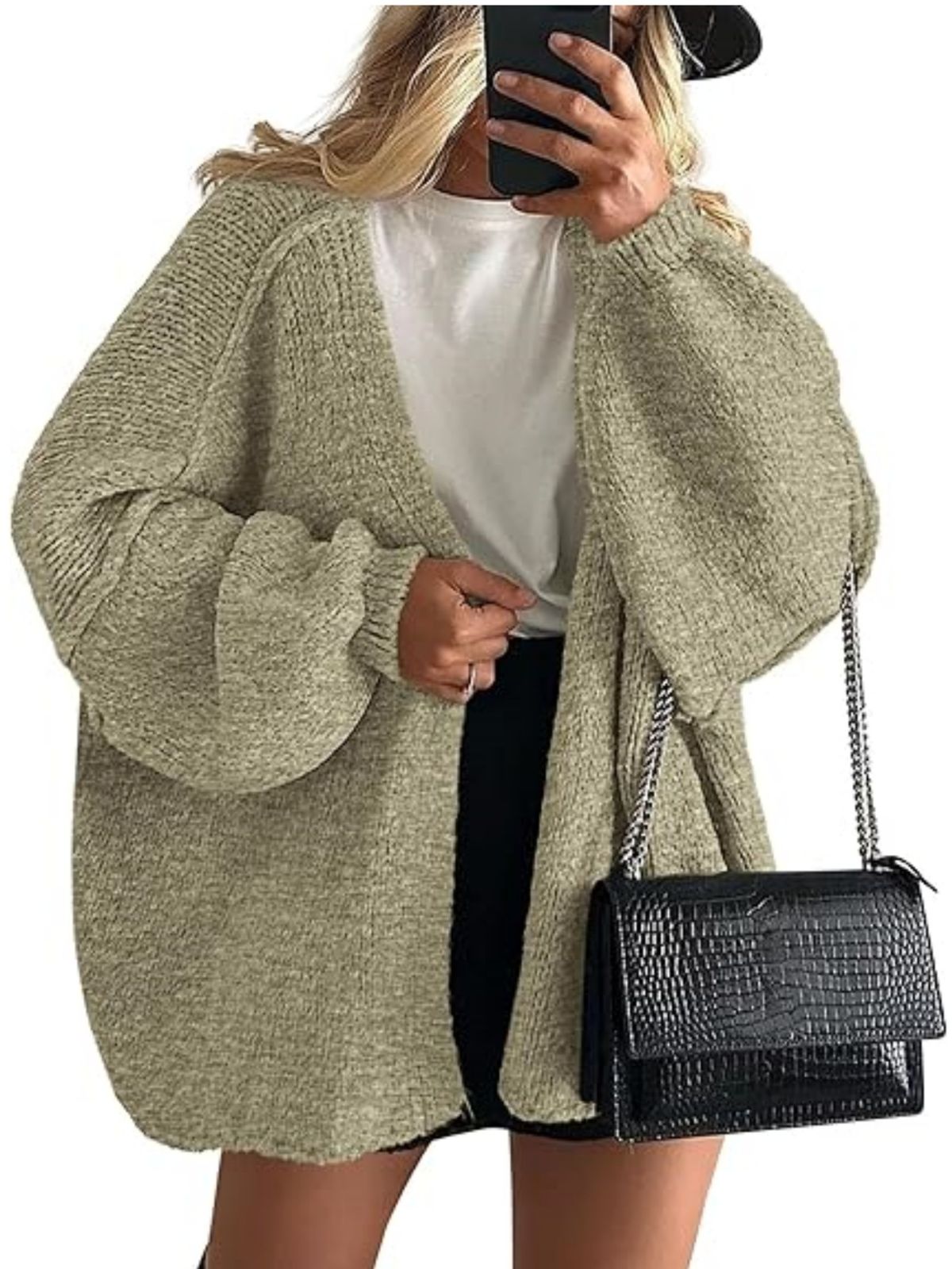 Solid Oversized Camel Outwear Fall Long Lantern Sleeve Knit Cardigan