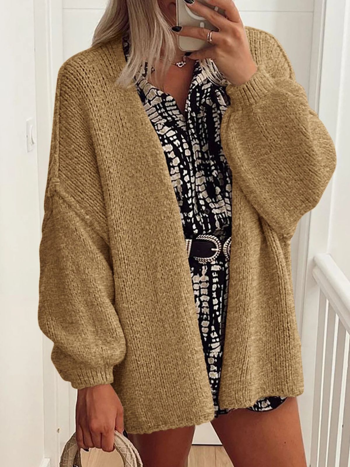 Solid Oversized Camel Outwear Fall Long Lantern Sleeve Knit Cardigan